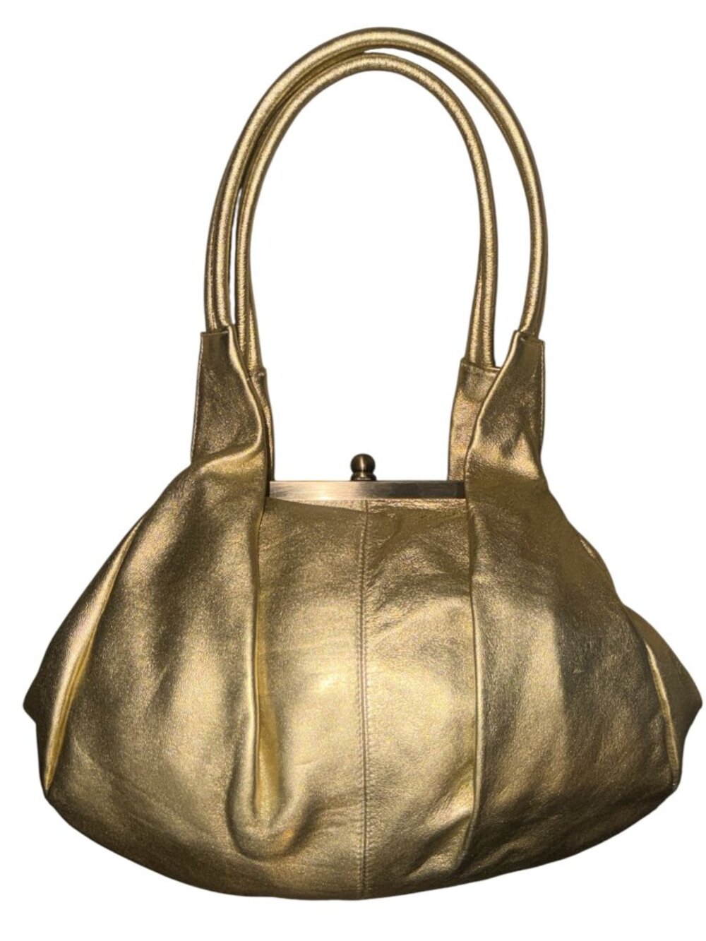 VTG HOBO Blanche Satchel Gold Metallic Leather Fortune Cookie Frame Clasp Lock - Picture 5 of 10